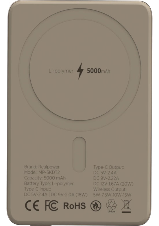 RealPower R Mag Slim 5000mAh Magsafe Powerbank - 20W PD Hızlı Şarjlı, Çöl Rengi Taşınabilir Manyetik Şarj (NT-116669)