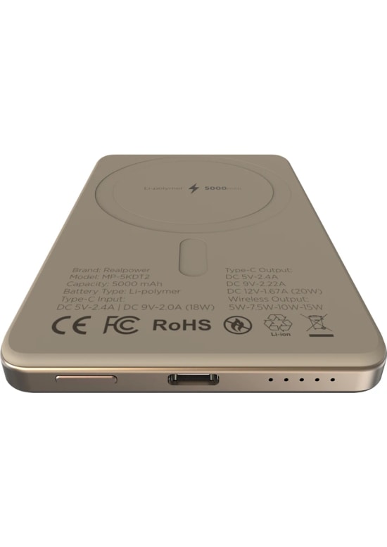RealPower R Mag Slim 5000mAh Magsafe Powerbank - 20W PD Hızlı Şarjlı, Çöl Rengi Taşınabilir Manyetik Şarj (NT-116669)