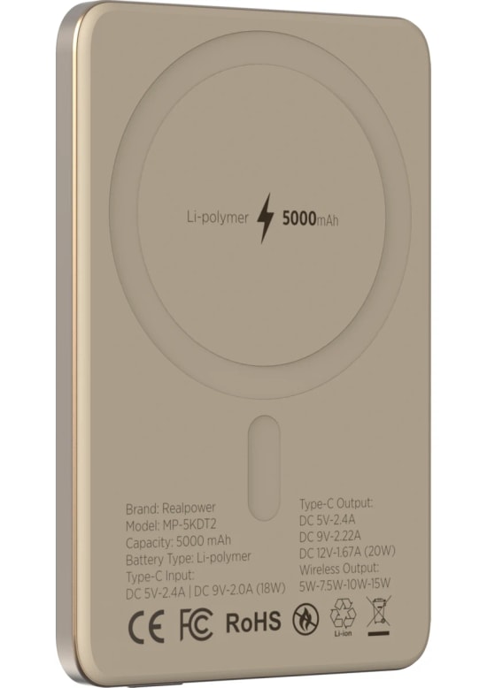 RealPower R Mag Slim 5000mAh Magsafe Powerbank - 20W PD Hızlı Şarjlı, Çöl Rengi Taşınabilir Manyetik Şarj (NT-116669)