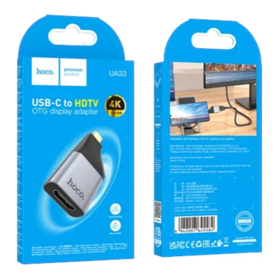 Hoco UA33 Gri Type-C to HDMI 4K Dönüştürücü Adaptör - Yüksek Çözünürlüklü Görüntü Aktarımı, Tak Çalıştır