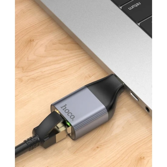 Hoco UA35 Gri Type-C to Ethernet Dönüştürücü - 100Mbps RJ45 Hızlı Bağlantı Adaptörü, Tak Çalıştır