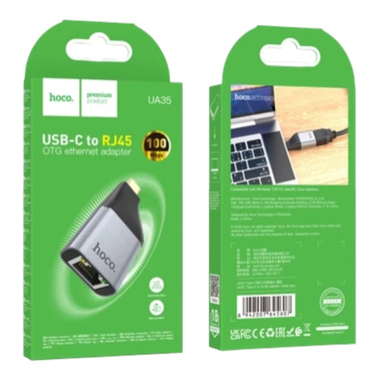 Hoco UA35 Gri Type-C to Ethernet Dönüştürücü - 100Mbps RJ45 Hızlı Bağlantı Adaptörü, Tak Çalıştır