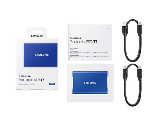 Samsung T7 Mavi 2TB USB 3.2 Gen2 Type-C Taşınabilir SSD (MU-PC2T0H/WW) - 1050/1000MB/s, Şifreli, Darbeye Dayanıklı