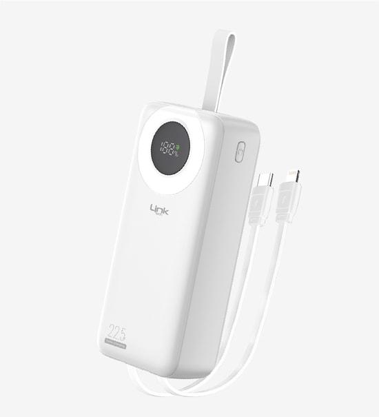 LinkTech LPB-P223 Strong 30000mAh 22.5W Beyaz Powerbank - Dijital Ekranlı, PD Hızlı Şarj, Çift USB Çıkış, Dahili Kablolu