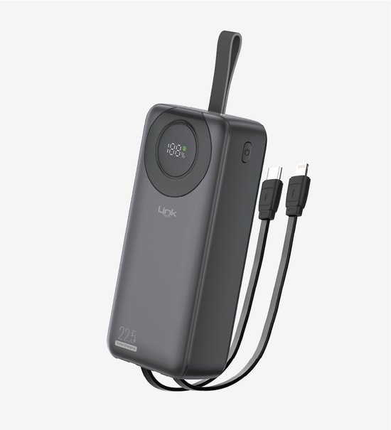 LinkTech LPB-P223 Strong 30000mAh 22.5W Siyah Powerbank - Dijital Ekranlı, PD Hızlı Şarj, Çift USB Çıkış, Dahili Kablolu