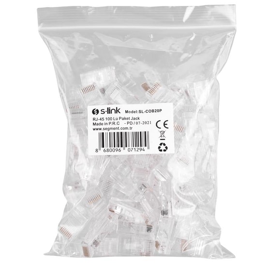 S-Link SL-COB20P Cat6 EZRJ45 UTP Konnektör - 100'lü Paket, Yeni Nesil Gigabit Ethernet Ağ Bağlantısı