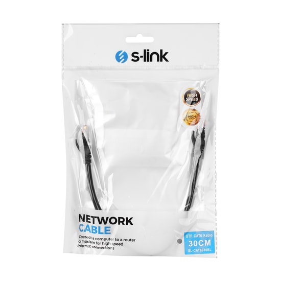 S-Link SL-CAT6030BK 30cm Siyah UTP Cat6 Patch Kablo - RJ45 Konnektör, 250 MHz, PVC Kılıf, Yüksek Hızlı Veri İletimi