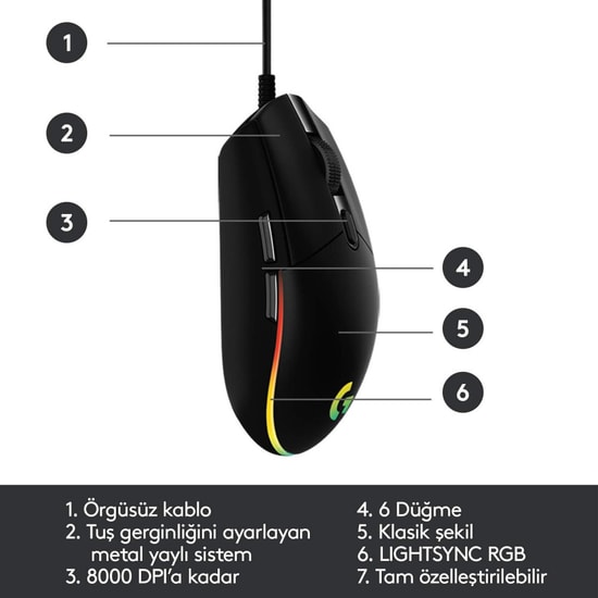 Logitech G102 Lightsync Siyah Oyuncu Mouse (910-005823) - 8000 DPI, RGB Aydınlatma, 6 Tuş, Kablolu, 2.1m Kablo