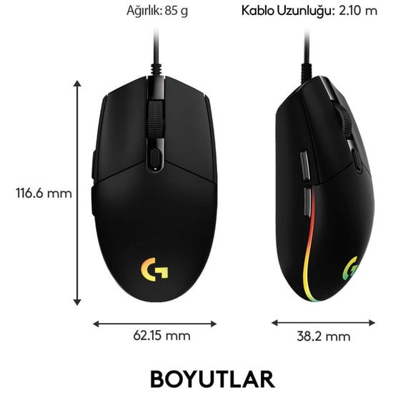 Logitech G102 Lightsync Siyah Oyuncu Mouse (910-005823) - 8000 DPI, RGB Aydınlatma, 6 Tuş, Kablolu, 2.1m Kablo