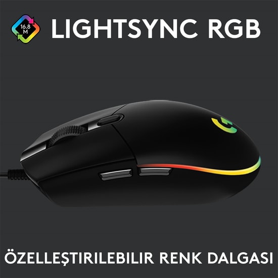 Logitech G102 Lightsync Siyah Oyuncu Mouse (910-005823) - 8000 DPI, RGB Aydınlatma, 6 Tuş, Kablolu, 2.1m Kablo