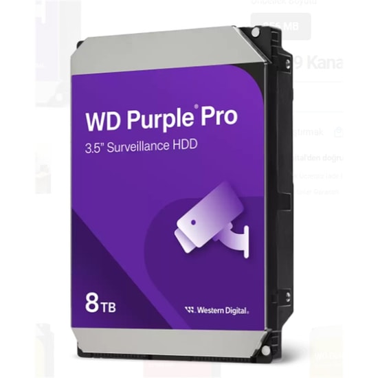 WD Purple Pro 8TB 7200RPM Güvenlik Diski (WD8002PURP) - 3.5" SATA3, 256MB Cache, 7/24 Kayıt HDD, 3 Yıl Garantili