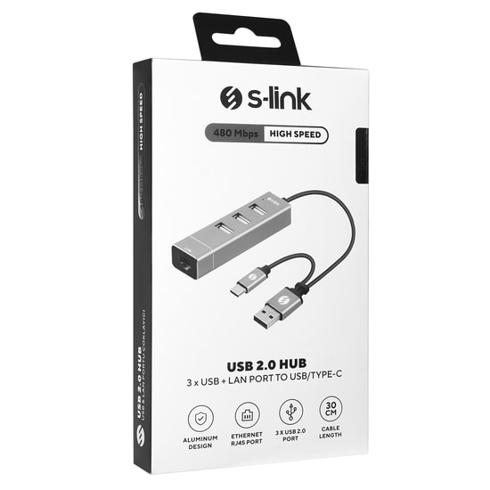 S-Link SW-U222 Type-C & USB 2.0 Ethernet Dönüştürücü Adaptör - 10/100Mbps, 3x USB A Çıkış, Tak Çalıştır, Hızlı Bağlantı