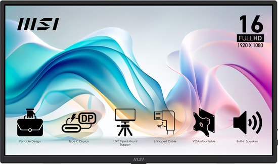 MSI PRO MP165 E6 15.6" FHD IPS USB-C Taşınabilir Monitör - 60Hz, 4ms, HDMI, USB-C 15W PD, Tripod Yuvası, İnce Çerçeve