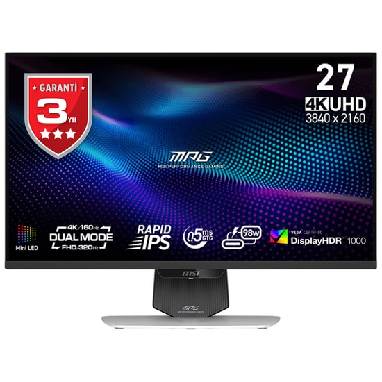 MSI MPG 274URDFW E16M 27" 4K UHD 0.5ms 160Hz Beyaz Oyuncu Monitör - Rapid IPS, Mini LED, Adaptive Sync, Pivot, FHD 320Hz