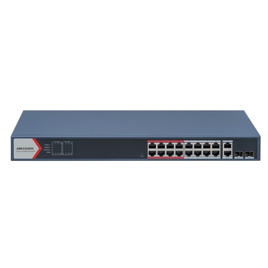 Hikvision DS-3E1318P-EI Smart POE Switch - 16 Port PoE, 2x SFP Uplink, Yönetilebilir, 230W PoE Bütçe, 300 Metre PoE