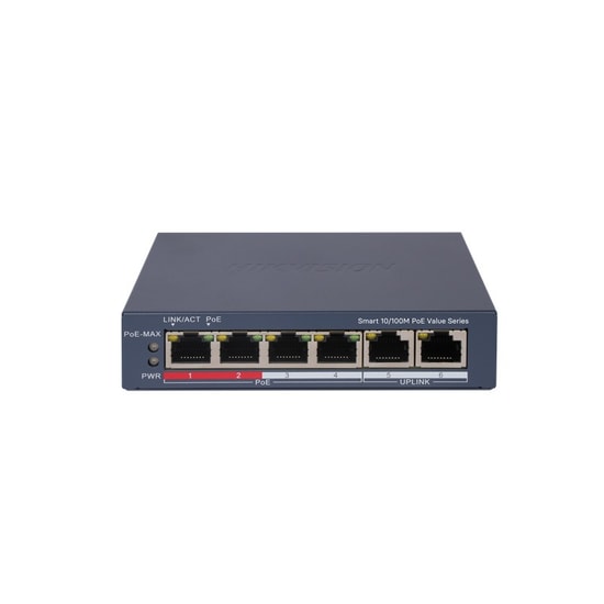 Hikvision DS-3E1106P-EI/M Smart POE Switch - 4 Port 10/100 Mbps PoE, 2 Uplink, 45W PoE Bütçe, Akıllı Yönetim, 300 Metre