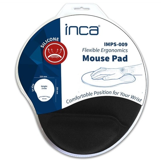 Inca IMPS-009 Bilek Destekli Silikon Mouse Pad - 250x220x3mm, Kaydırmaz Taban, Ergonomik Tasarım, Siyah Yüzey