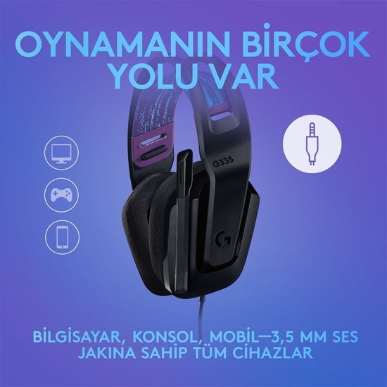 Logitech G335 Siyah Kablolu Oyuncu Kulaklığı (981-000978) - 3.5mm, Hafif Tasarım, Gürültü Önleyici Mikrofon, Stereo Ses