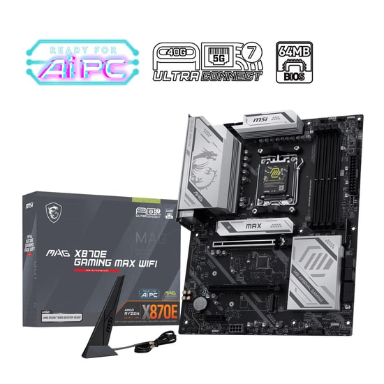 MSI MAG X870E Gaming Max Wifi Amd AM5 Anakart - DDR5 8200MHz (OC), 3xM.2, USB 40Gbps, 5Gbit LAN, WiFi 7, RGB, ATX