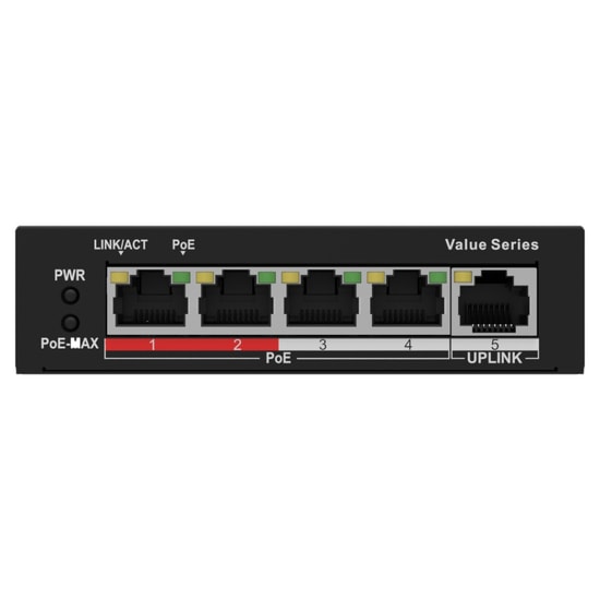 HiLook NS-0105P-35(B) (301801550) 5 Port PoE+ Switch - 4 PoE Port, 100Mbps, 35W, 250m Menzil, Metal Kasa, Yönetilemez