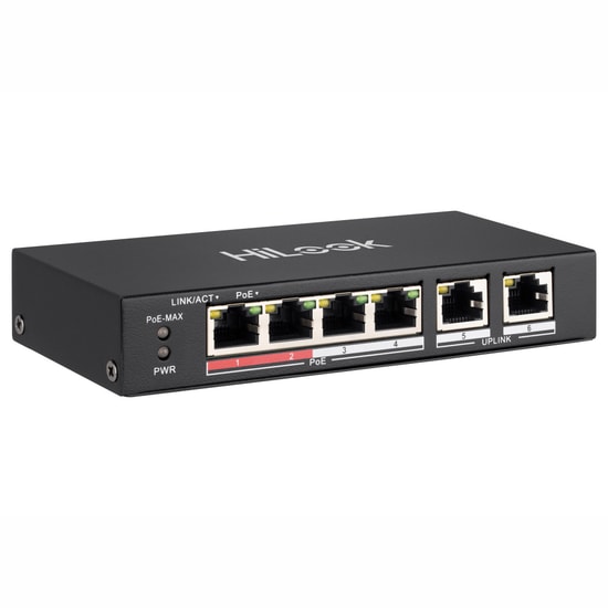 HiLook NS-0106P-35 (301802037) 6 Port PoE Switch - 4 PoE Port, 35W, 250m Mesafe, Metal Kasa, Yönetilemez, 2 Uplink