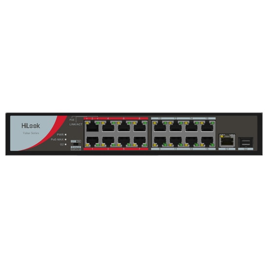 HiLook NS-0318P-130(B) (301801553) 16 Port PoE Switch - 130W, 1GE Uplink, SFP, 250m Mesafe, Metal Kasa, Yönetilemez
