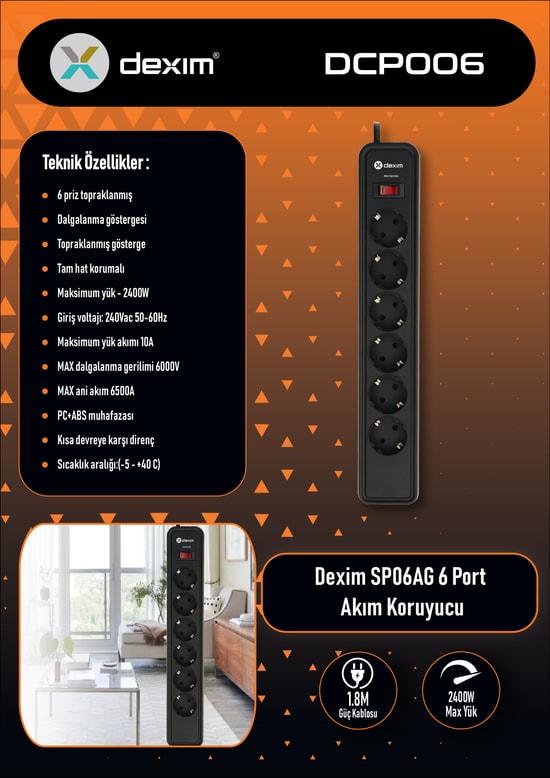 Dexim SP06AG 6 Port Akım Koruyuculu Siyah Priz (DCP006) - Topraklama, 1.8M Kablo, Dalgalanma Koruması, 2400W