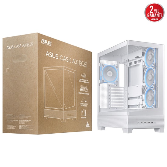 ASUS A31 PLUS Beyaz mATX Kasa (90DC00R3-B19000) - Gizli Konnektör, 360mm Radyatör, 380mm GPU Uyumlu, 4x ARGB Fan