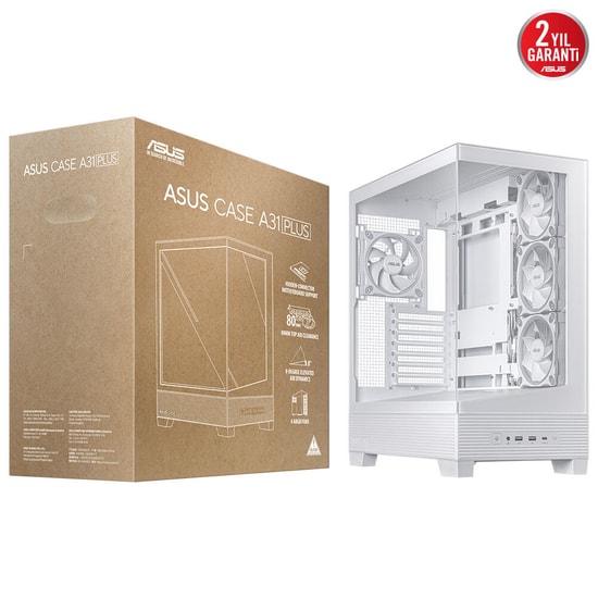 ASUS A31 PLUS Beyaz mATX Kasa (90DC00R3-B19000) - Gizli Konnektör, 360mm Radyatör, 380mm GPU Uyumlu, 4x ARGB Fan
