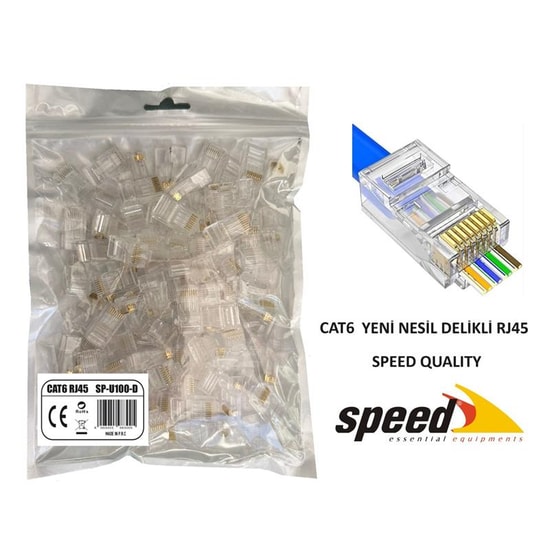 SPEED SP-U100-D (GT-12939) CAT6 100 Adet RJ45 Konnektör - 100 Adet, Yeni Nesil Delikli, Ağ Bağlantı Aparatı