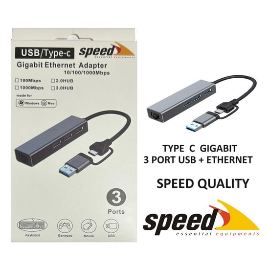 Speed SP-UET01 USB 3.0/Type-C Çoklayıcı (SP UET01) - 3x USB 3.0 Hub, Gigabit Ethernet 10/100/1000Mbps Dönüştürücü