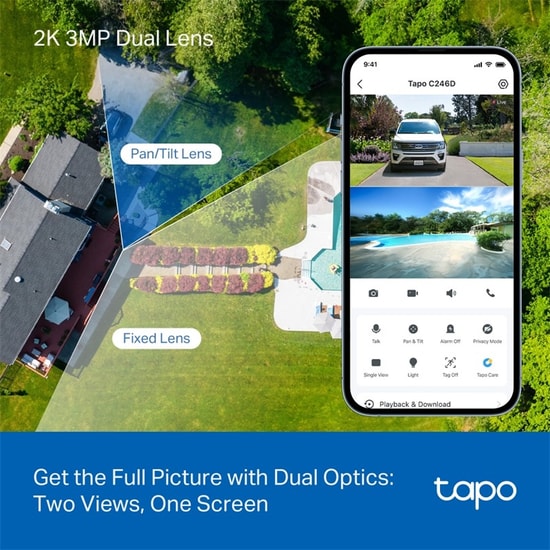 TP-Link Tapo C246D 2K 3MP Çift Lensli Speed Dom Kamera - 2.8mm Lens, 6mm Telefoto, 3DNR, WiFi, 12m IR, Çift Yönlü Ses