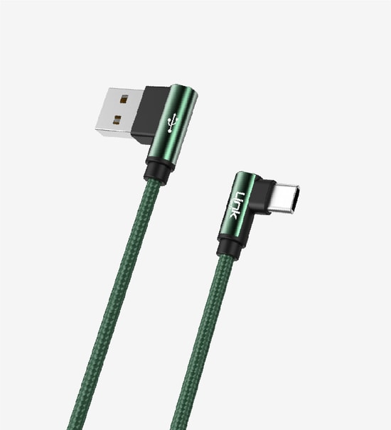 Linktech K594 Gaming 150cm 3A Örgülü Yeşil Typce-C Kablo - 90 Derece Metal Başlıklı, USB A Type-C Hızlı Şarj, 480Mbps