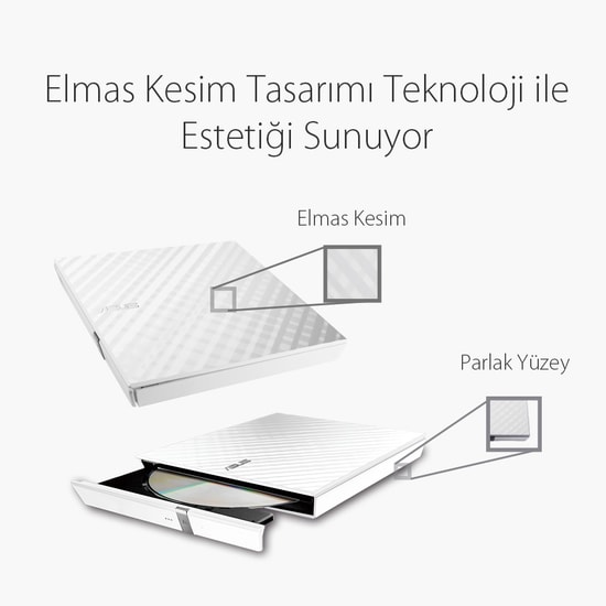 Asus Lite SDRW-08D2S-U 8X Beyaz Harici DVD Yazıcı - USB 2.0, Windows Mac Uyumlu, M-Disc Desteği, Taşınabilir DVD-RW