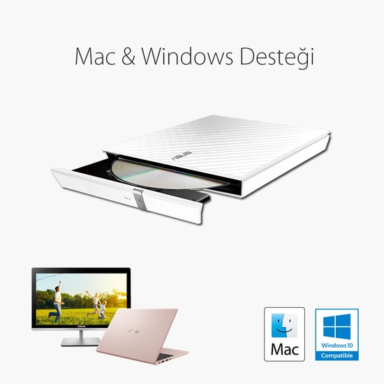 Asus Lite SDRW-08D2S-U 8X Beyaz Harici DVD Yazıcı - USB 2.0, Windows Mac Uyumlu, M-Disc Desteği, Taşınabilir DVD-RW