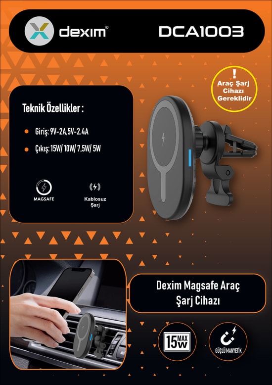 Dexim DCA1003 Araç İçi Telefon Tutucu ve MagSafe Şarj Cihazı - 15W Kablosuz Hızlı Şarj, Klipsli Klima Aparatı, 9V-2A