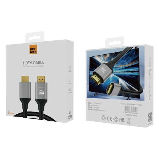 Nettech NT-HD01 4K Plastik 150cm HDMI Kablo (Siyah) NT-100949 - 1.5M, Yüksek Çözünürlük, Dayanıklı Örgü Yapı