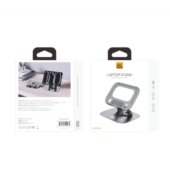 Nettech NT-LS01 Gümüş Laptop Tablet Standı (NT-115651) - Alüminyum, Ayarlanabilir Yükseklik, Katlanabilir, 360 Dönebilir