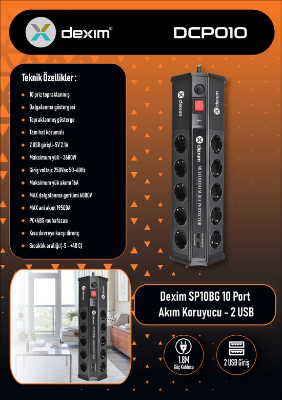Dexim SP10BG 10 Port 2 USB Akım Koruyucu Priz (DCP010) - 1.8M Kablo, 3680W, Tam hat 6000V Koruma, Dalgalanma Göstergesi