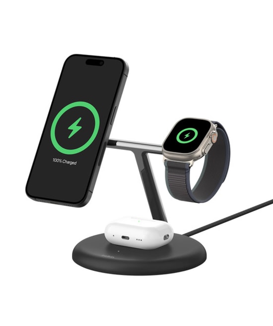 Belkin BoostCharge Pro Siyah Qi2 15W 3'ü 1 Arada MagSafe Şarj Standı (WIZ023VFWH) - USB-C Girişli, LED Şarj Göstergesi
