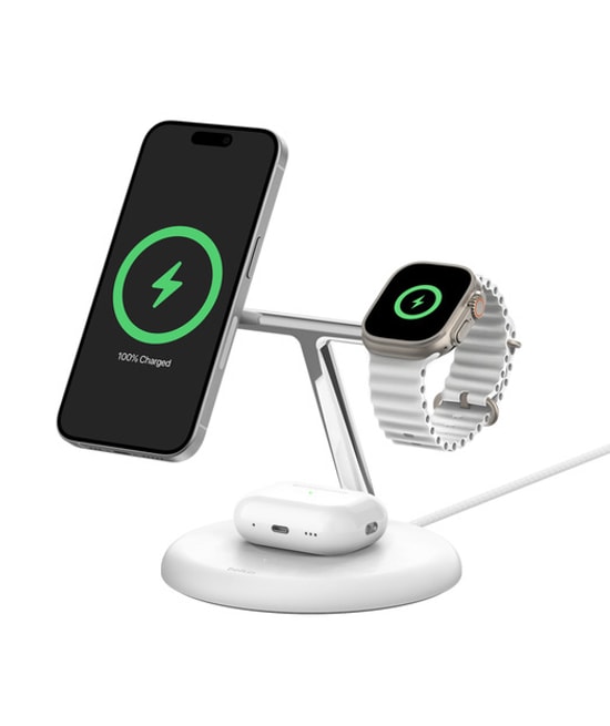 Belkin BoostCharge Pro Beyaz Qi2 15W 3'ü 1 Arada MagSafe Şarj Standı (WIZ023VFWH) - USB-C Girişli,, LED Şarj Göstergesi