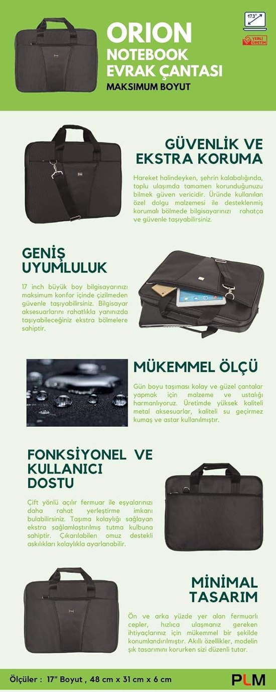 PLM Orion 17" Siyah Notebook Çantası (8691045471232) - 3 Ana Bölmeli, 31x48x6cm, Geniş İç Hacim, Şık Tasarım