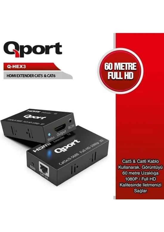 Qport Q-HEX3 HDMI Extender 60 Metre İkilili Paket CAT6 Dönüştürücü - Ethernet Kablosu ile Uzatma, HD Görüntü Aktarımı