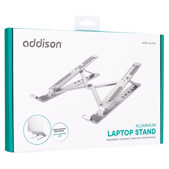 Addison ADS-AL05 Alüminyum Laptop Standı - 7 Kademeli Ayarlı, Kaymaz Yüzey, Isı Dağılımı Destekli, Gümüş Renk