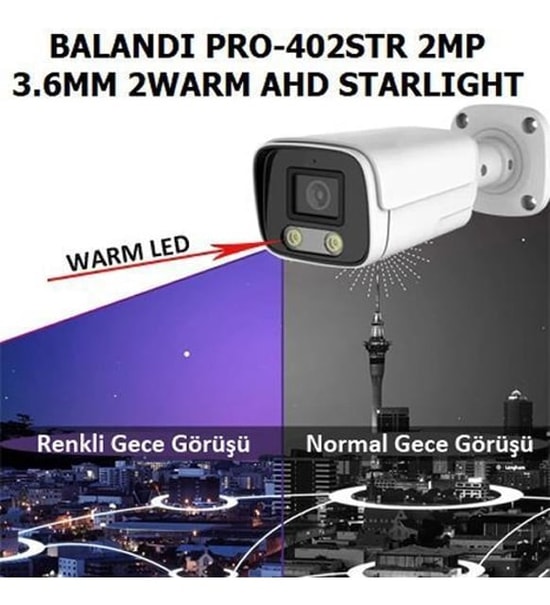 Balandi PRO-402STR 2MP Starlight Bullet Kamera - 3.6mm Lens, 2 Warm IR, IP66 Metal Kasa, İç Dış Mekan Güvenlik Kamerası