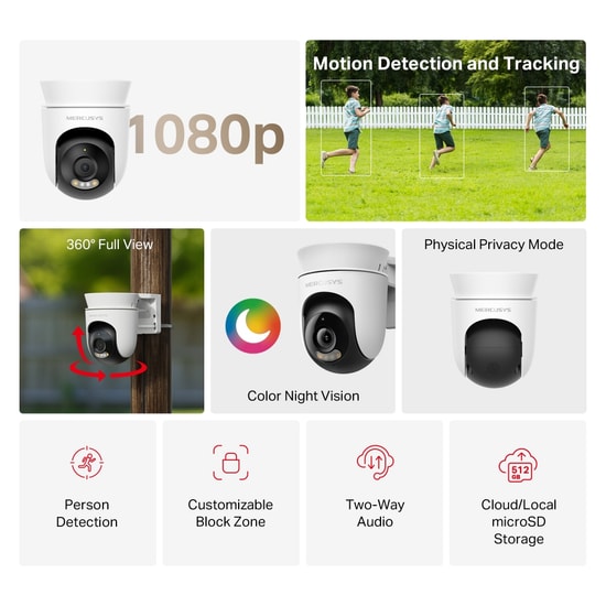 TP-Link Mercusys MC500 2MP Full HD 360 Dış Ortam Güvenlik Kamerası - 512GB SD Desteği, IP65, 30m Renkli Gece Görüşlü