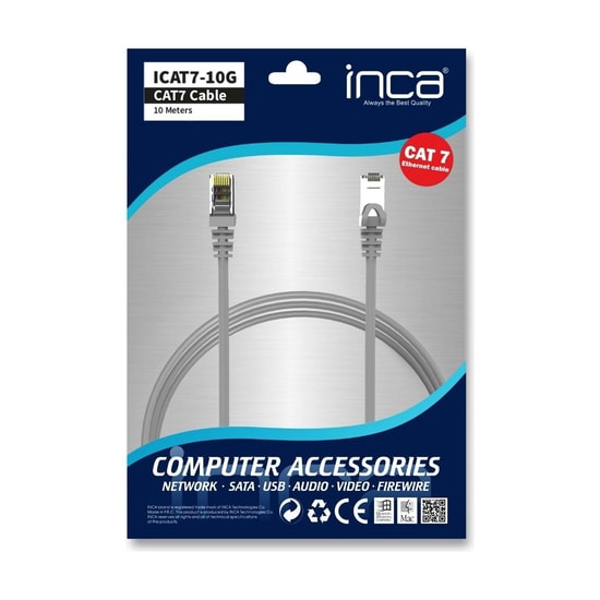 INCA ICAT7-10TG Cat7 S/FTP Gri Patch Kablo - 10 Metre, 10Gbps, Yüksek Performanslı, Elektromanyetik Koruma