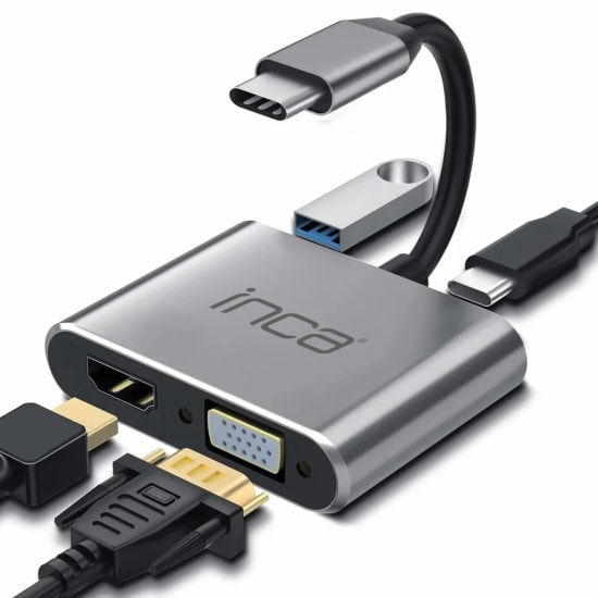 INCA ITPC-06TX 4 in 1 Type-C Hub - HDMI 4K 30Hz, VGA, USB 3.0, 100W PD, Alüminyum Kasa Çoklayıcı, Tak & Çalıştır