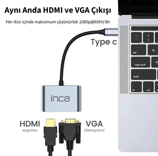 INCA ITPC-06TX 4 in 1 Type-C Hub - HDMI 4K 30Hz, VGA, USB 3.0, 100W PD, Alüminyum Kasa Çoklayıcı, Tak & Çalıştır