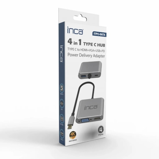 INCA ITPC-06TX 4 in 1 Type-C Hub - HDMI 4K 30Hz, VGA, USB 3.0, 100W PD, Alüminyum Kasa Çoklayıcı, Tak & Çalıştır